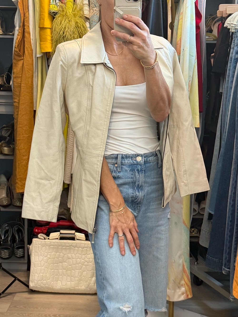 Platini Genuine Leather Ivory Cream Belted Jacket Coat
